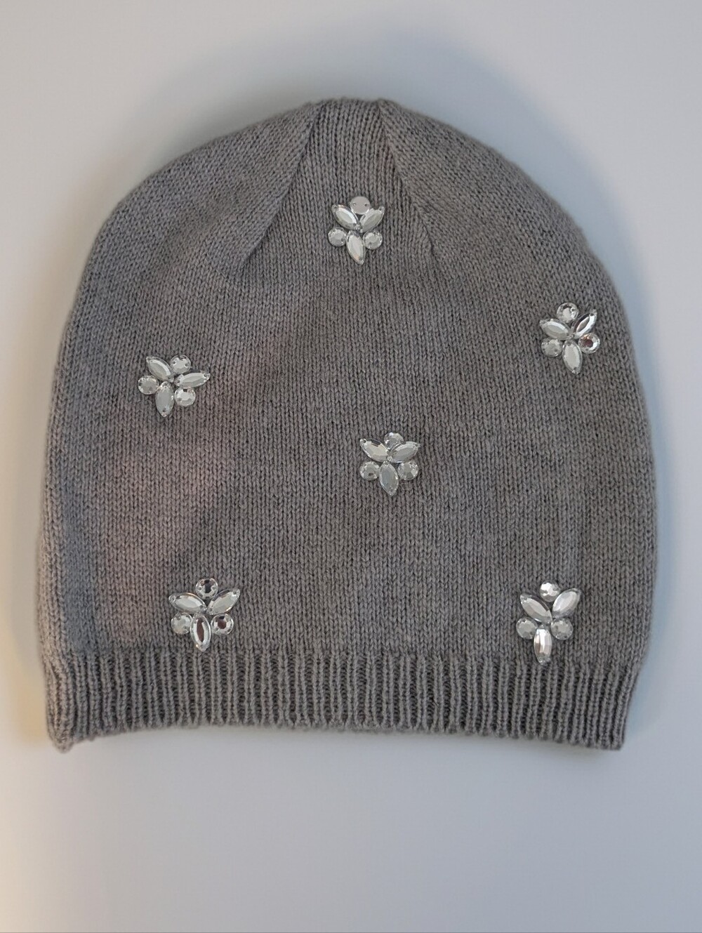 Betsey Johnson Women's Gray Knit Rhinestone Jewel Embellished Winter Beanie Hat